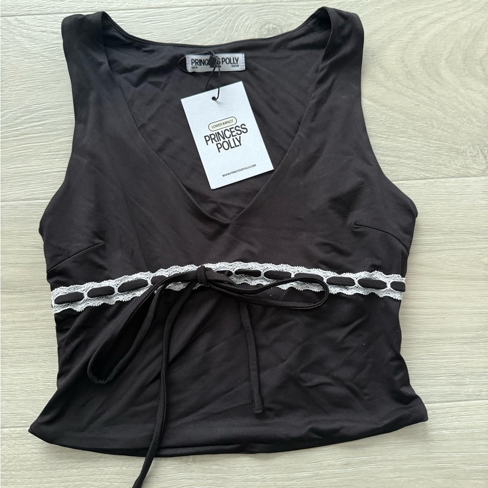 Black Top With Lace Trim & Front Tie Detailing